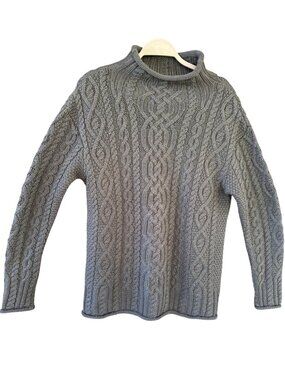 Aran Crafts Gray Cable Knit Sweater 100% Merino Wool Womens M Made In Ireland